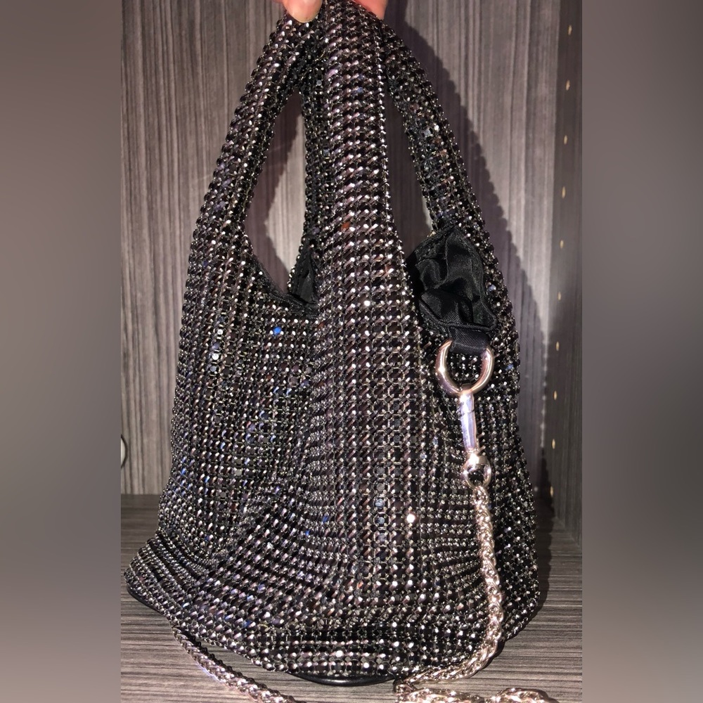 Black Crystal Pouch Bag with Silver Chain